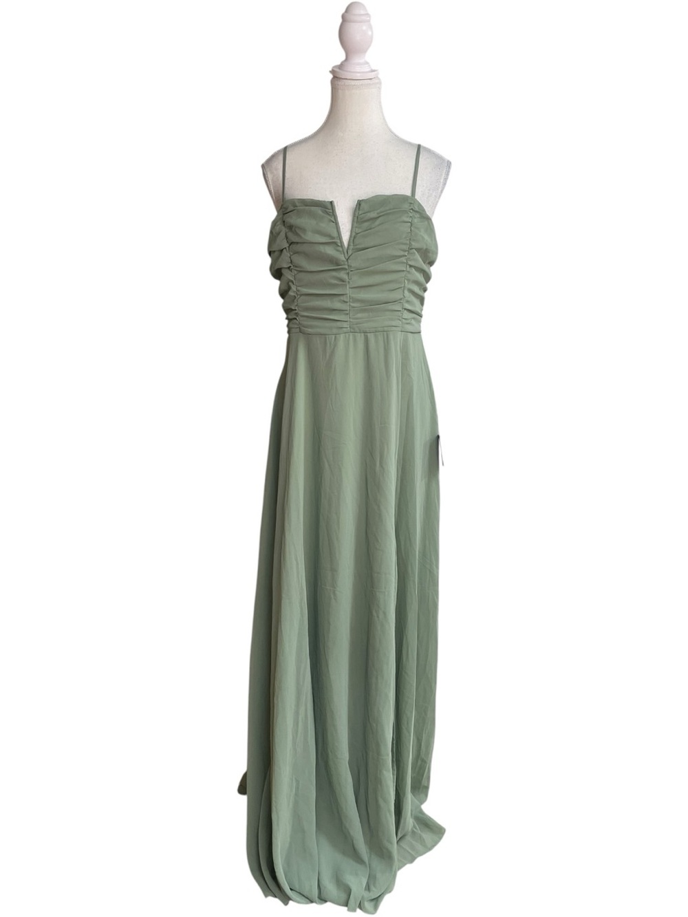 Lulus Sweeney Ruched Spaghetti Strap Maxi Dress Sage Green